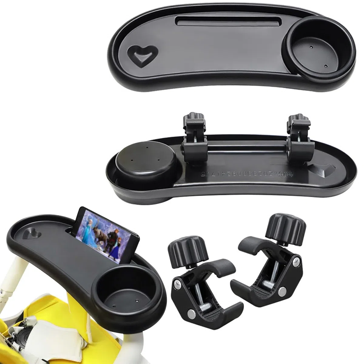 Ajustable Bandeja para Cochecito, Bandeja De Merienda para Portavasos Cochecito, Anilla Ajustable En 360 Grados, Material Abs, Desmontable, para La Mayoría De Cochecitos con Manillar, Negro
